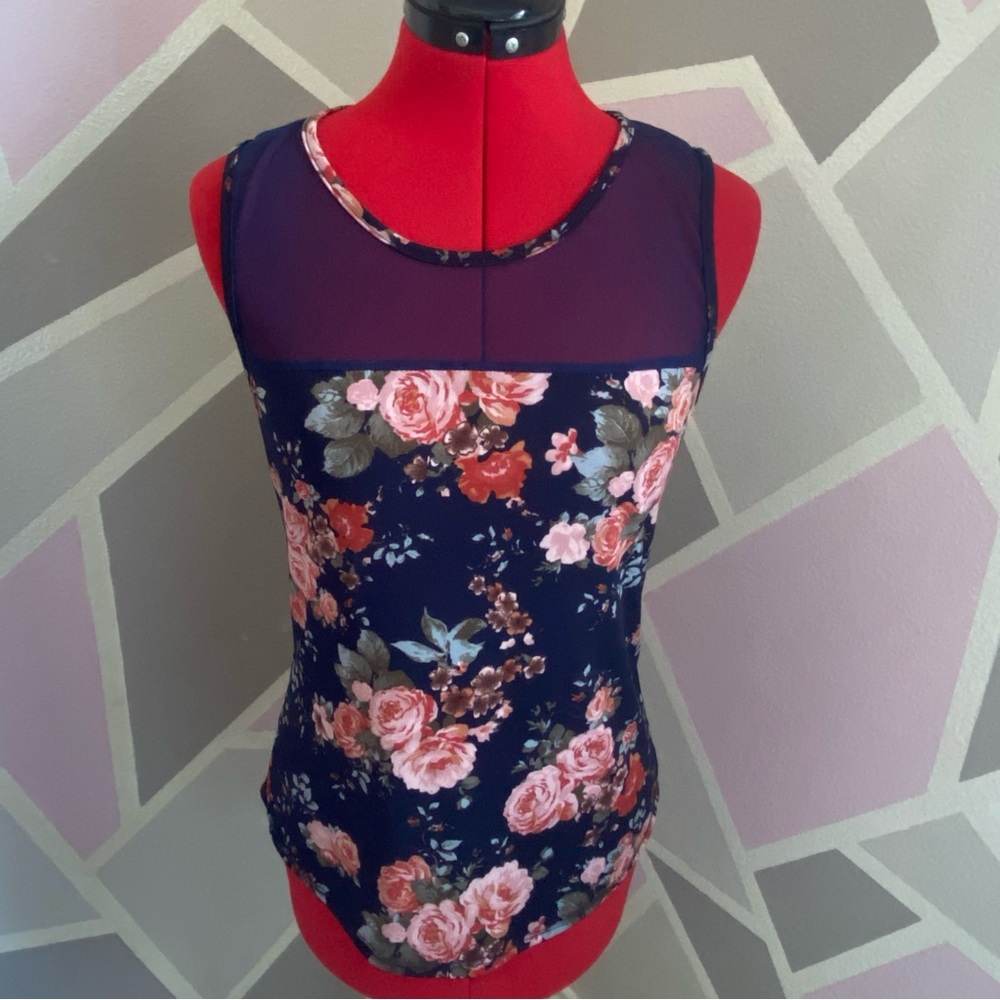 Blu Planet Tank Top, Size medium, Navy Blue with Orange flowers